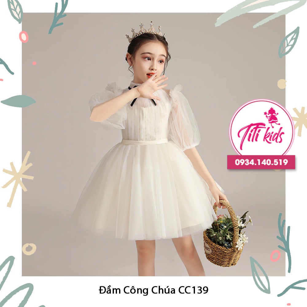 VÁY ĐẦM CÔNG CHÚA CHO BÉ CAO CẤP TRẮNG PHỐI NƠ ĐEN CC139