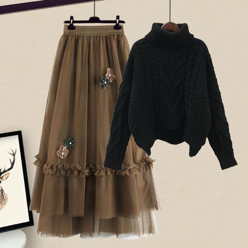 Bộ Áo Sweater Dáng Ôm Phối Chân Váy Lưng Cao Thời Trang Mùa Đông 2022 Plus Size Cho Nữ