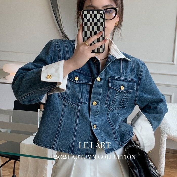 Áo Khoác Denim Tay Dài Dáng Rộng Màu Sắc Tương Phản Thời Trang Mùa Thu 2022