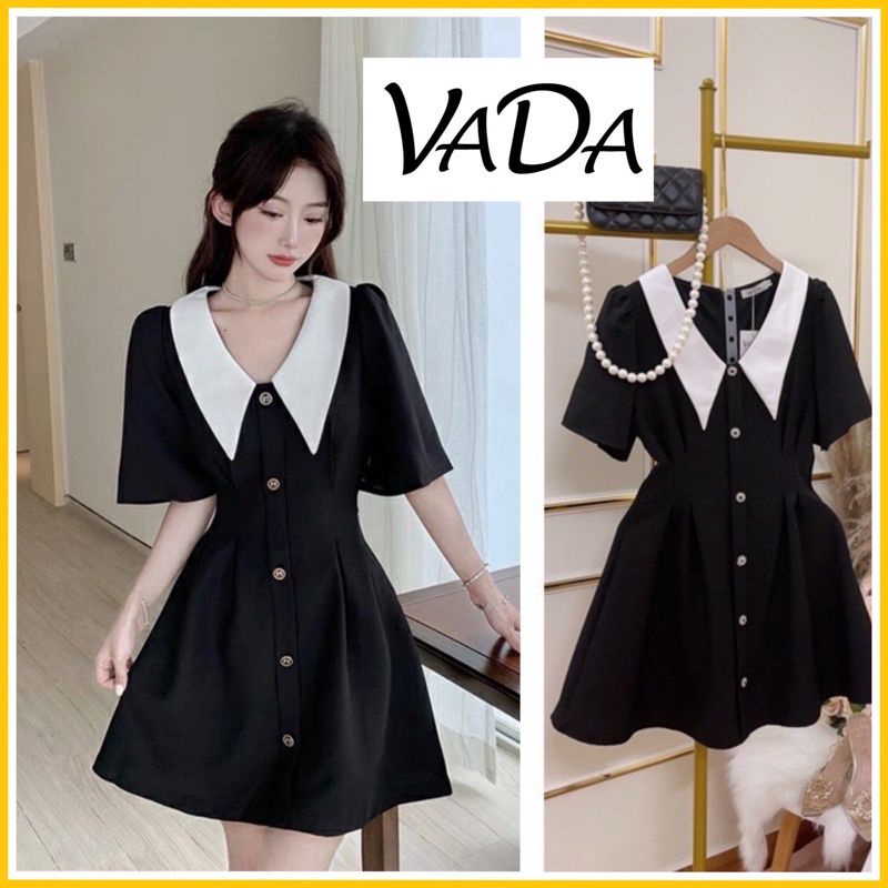 Đầm xòe cổ sen phối màu tay loe 6 nút hoa xinh xắn KÈM HÌNH THẬT - MTB701