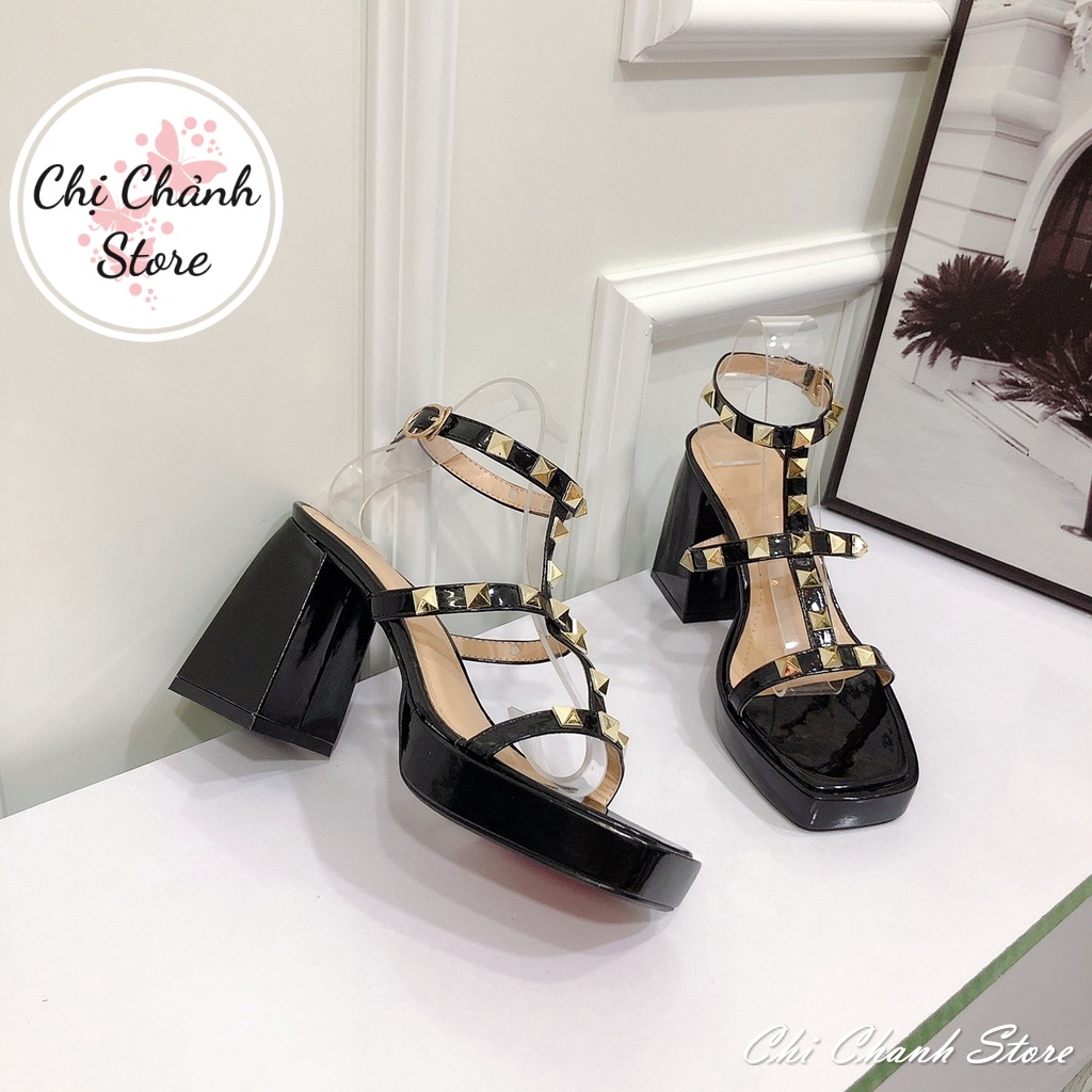 Sandal cao gót nữ 9p mũi đúp quai đinh cực đẹp chất da xịn mịn lên chân cực chất - Chị Chảnh Store