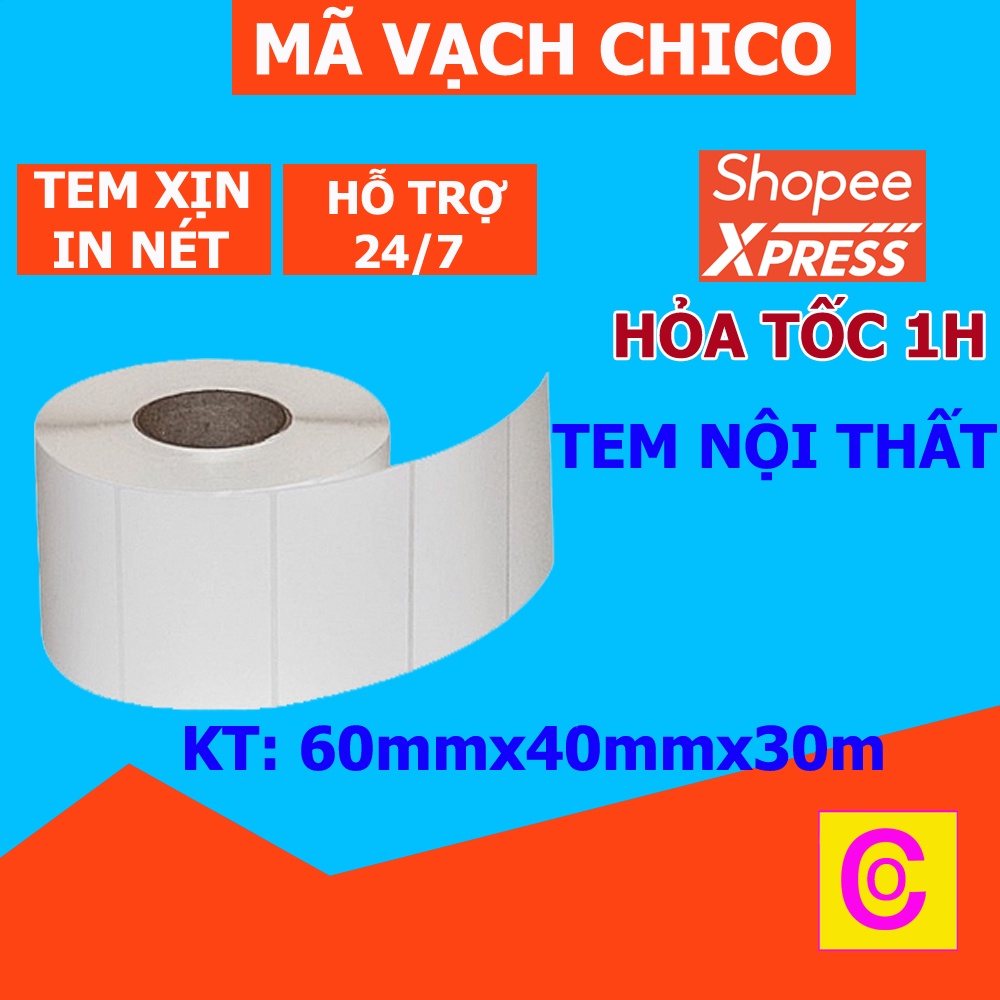 Decal nhiệt in tem nhãn, mã vạch khổ 60x40 mm, cuộn 30m Tem in nội thất