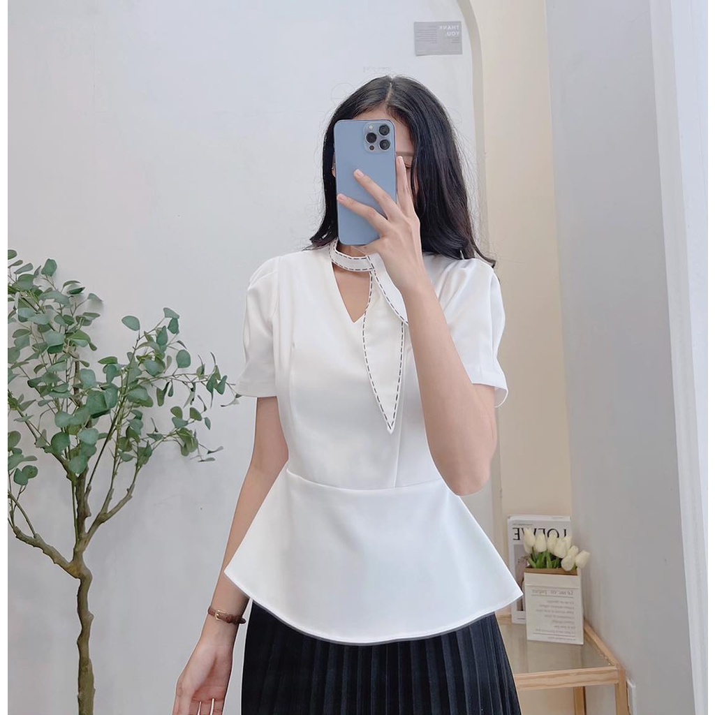 Áo Sơ Mi Công Sở Nữ Minz Store Mã 3302, Thiết Kế Dáng Peplum Nơ Cổ Lệch Hàn Quốc