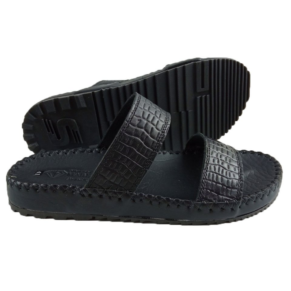 Dép nam thời trang H76 quai ngang da bò cao cấp màu đen thanh lịch đế khâu chắc chắn,giá tốt