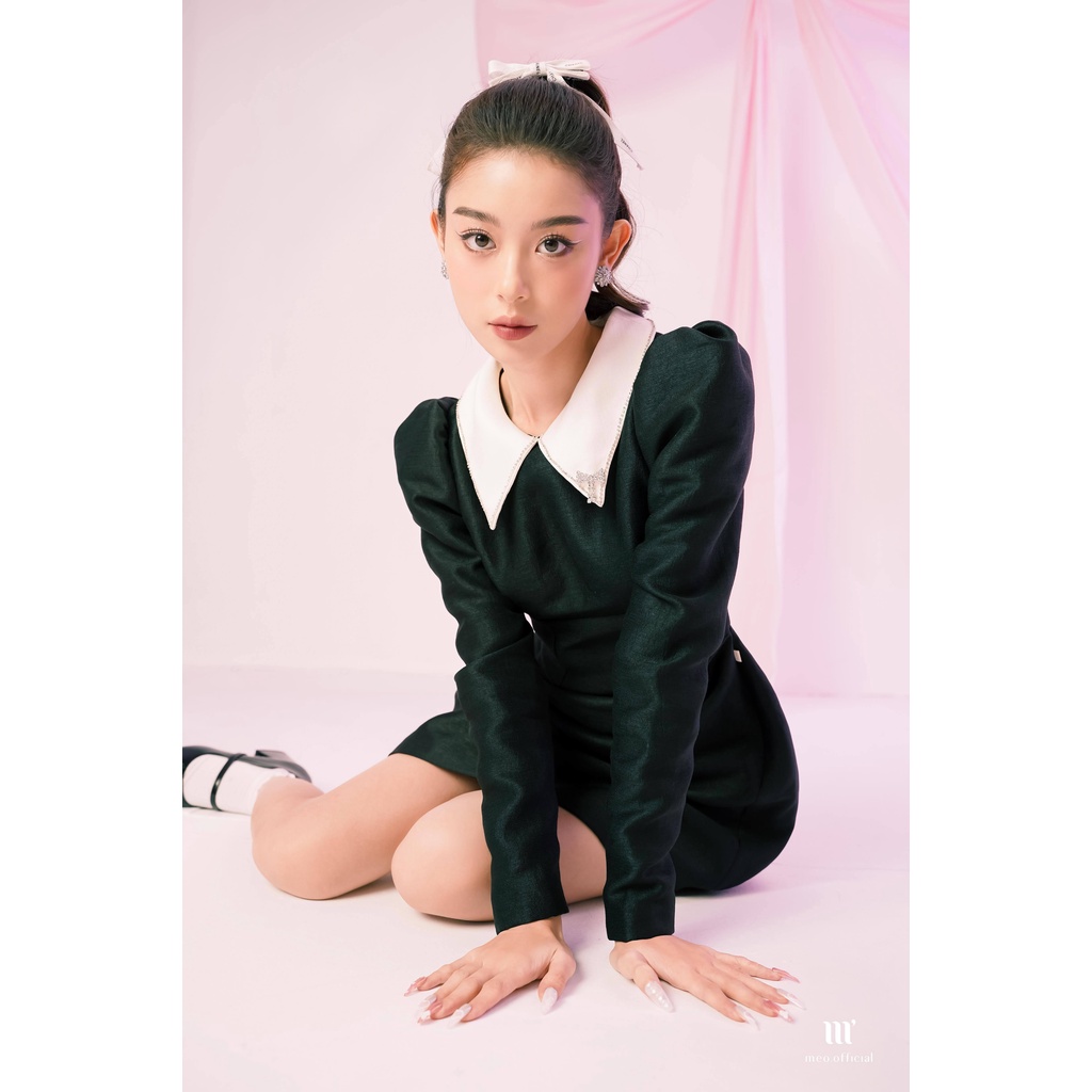 Đầm nữ thiết kế Méo shop cổ bẻ tay bồng chiết eo Carata