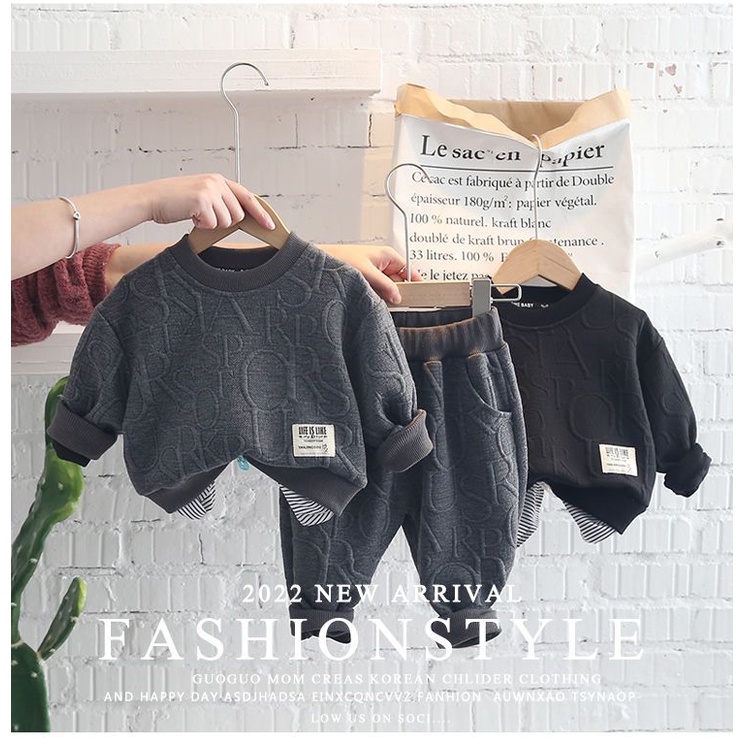 Set Đồ Xuân Thu 2022 Hai Món Gồm Áo Sweater Tay Dài Màu Trơn Hợp Thời Trang Cho Bé Trai