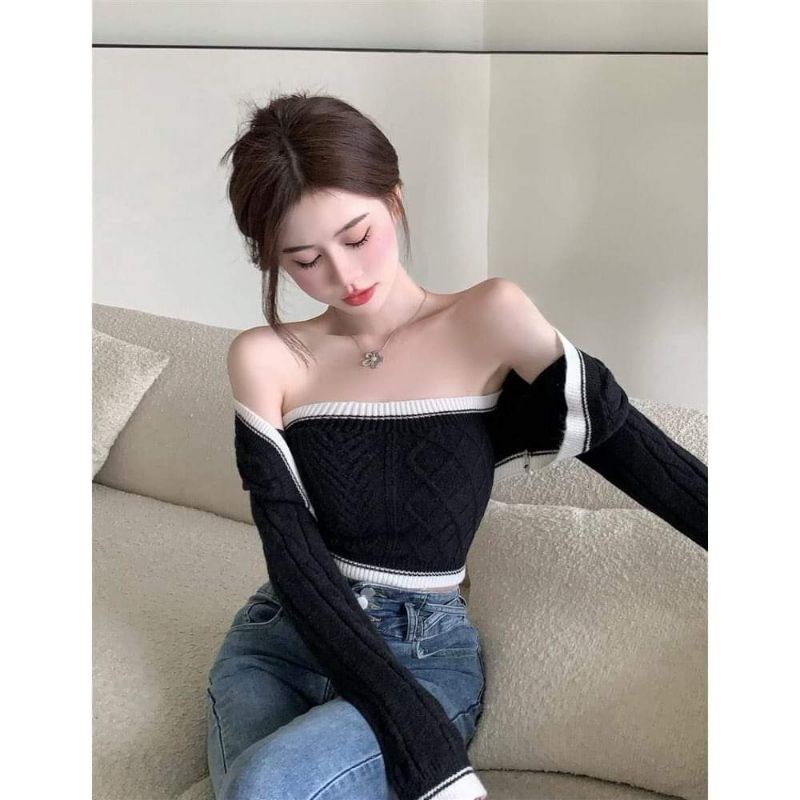 Áo ống croptop vải len kèm áo khoác cardigan đủ màu trắng đen