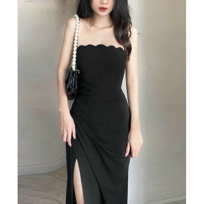 Đầm midi đen dây chéo cổ xẻ đùi