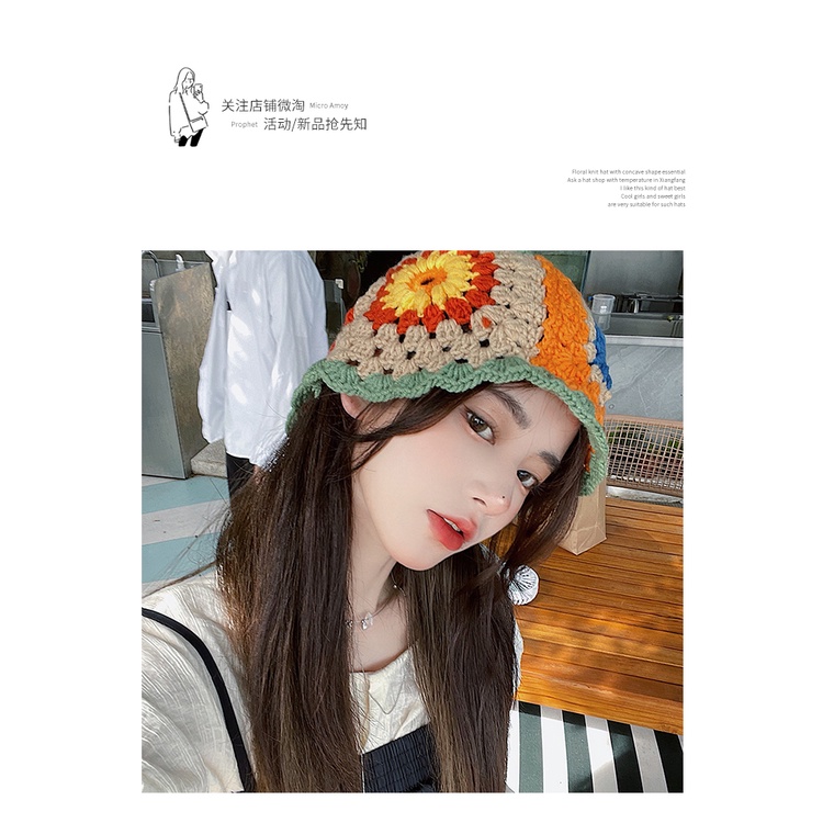 Mũ Bucket Đan Len Họa Tiết Hoa Phong Cách Hyuna Nhật Bản Thời Trang Thu Đông Cho Nữ