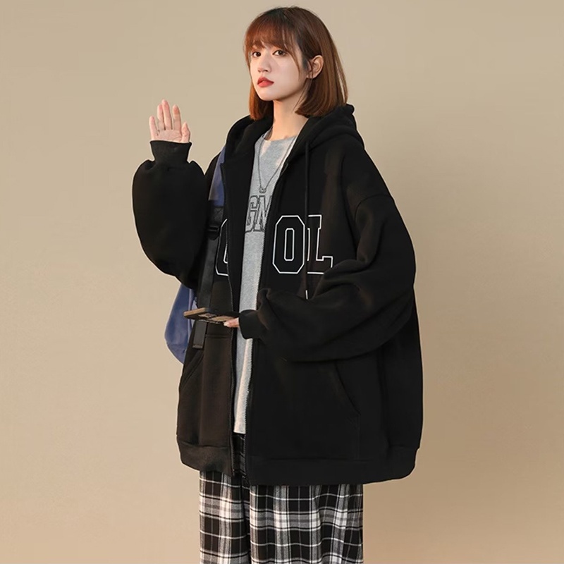 IELGY    Áo Hoodie Dáng Rộng Phối Khóa Kéo Phong Cách retro Mỹ Cho Nữ
