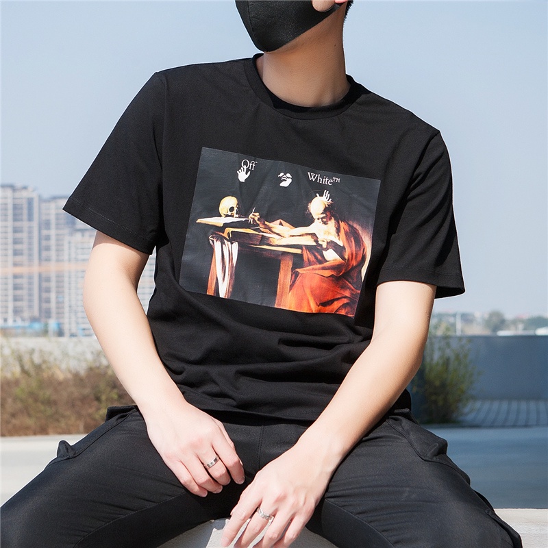 Áo Thun Off White Tay Ngắn Cổ Tròn In Hình Tranh Sơn Dầu Thời Trang Cá Tính Cho Nam Nữ