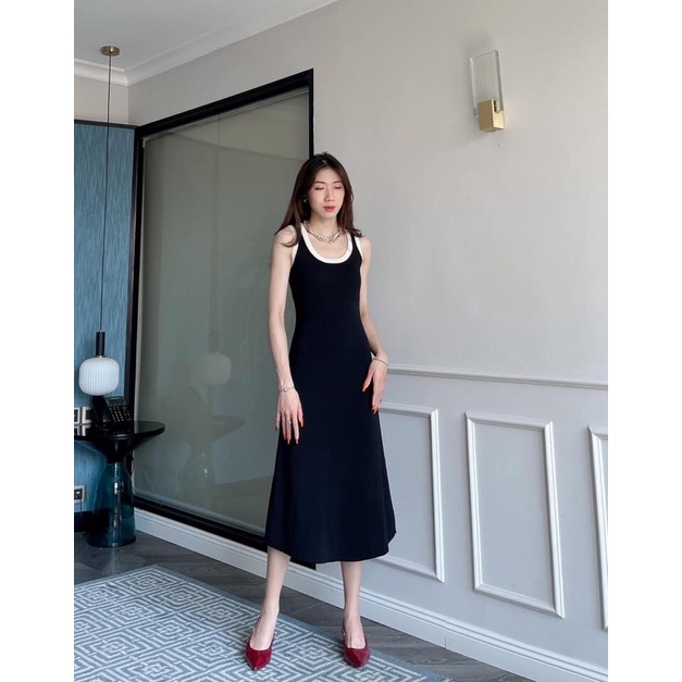 Đầm maxi cổ tròn,không tay,viền trắng cá tính.🖤