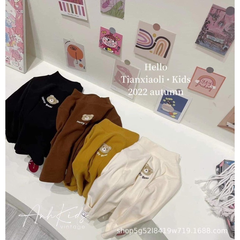 Áo giữ nhiệt hình gấu thêu cổ cao 3 phân cotton zip cho bé yêu A0010
