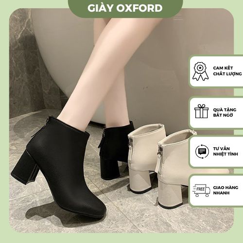 Giày boots nữ cổ thấp, giày da nữ mũi tròn khóa sau cao gót 5cm lửng thời trang hàn quốc đi chơi C1180