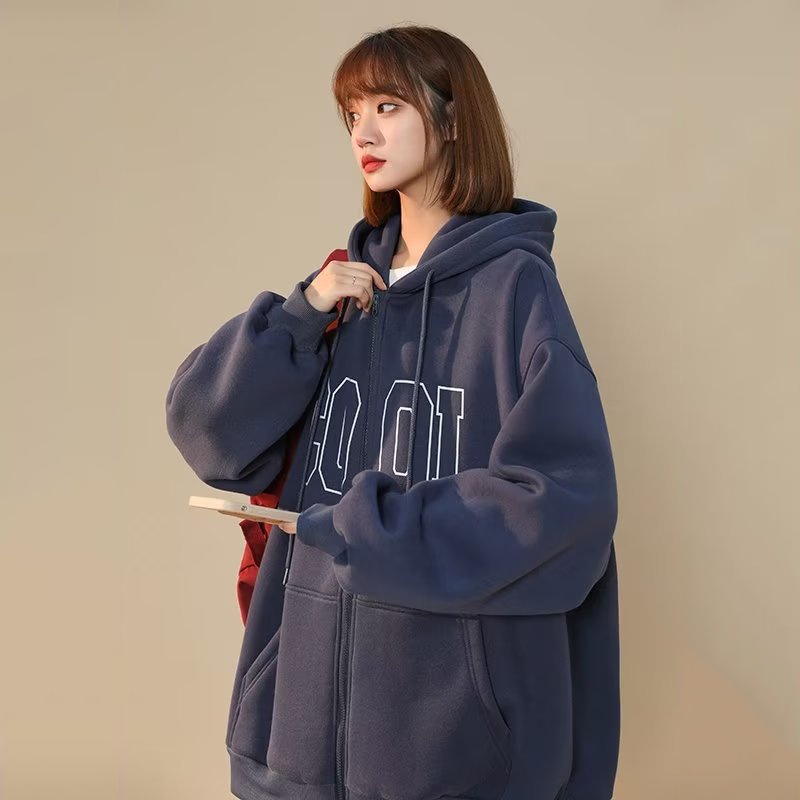 IELGY    Áo Hoodie Dáng Rộng Phối Khóa Kéo Phong Cách retro Mỹ Cho Nữ