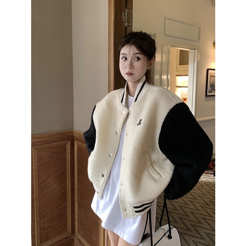 Khoác nữ bomber đen trắng chất dạ cúc bấm BeHouse phong cách cá tính đường phố