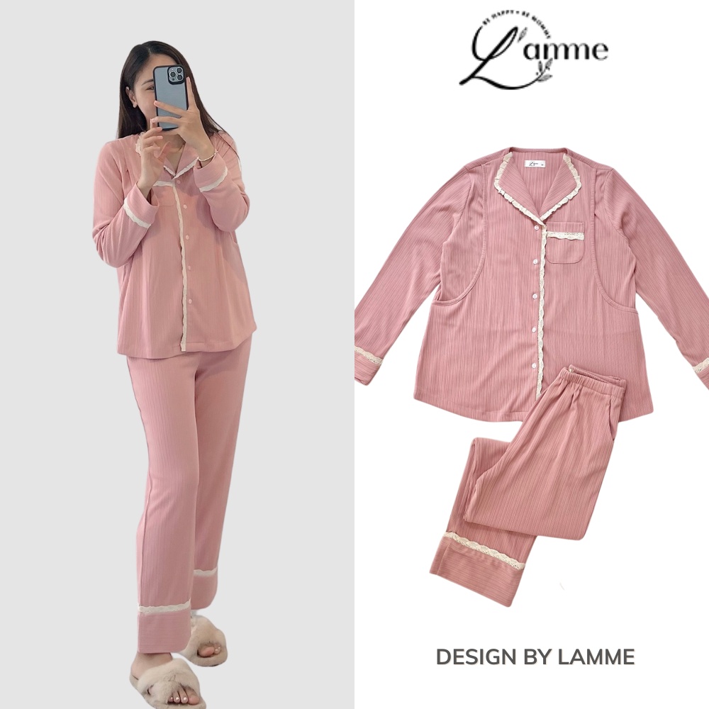 Bộ đồ bầu mặc nhà OHARA có khoét cho bé ti, chất thun tăm phối ren be phù hợp mùa thu đông by L'amme