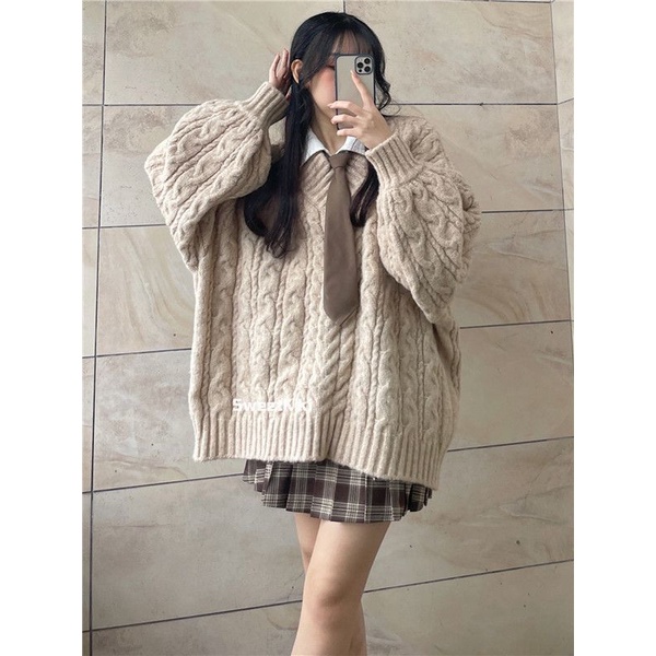 Áo Sweater Dệt Kim Dày Dặn Dáng Rộng Màu Xám Phong Cách Retro Dành Cho Nữ