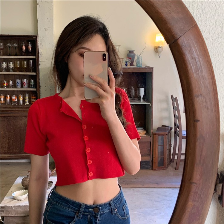 Cocory vn Áo ngắn dệt kim tay ngắn cổ tròn thiết kế quyến rũ hợp thời trang