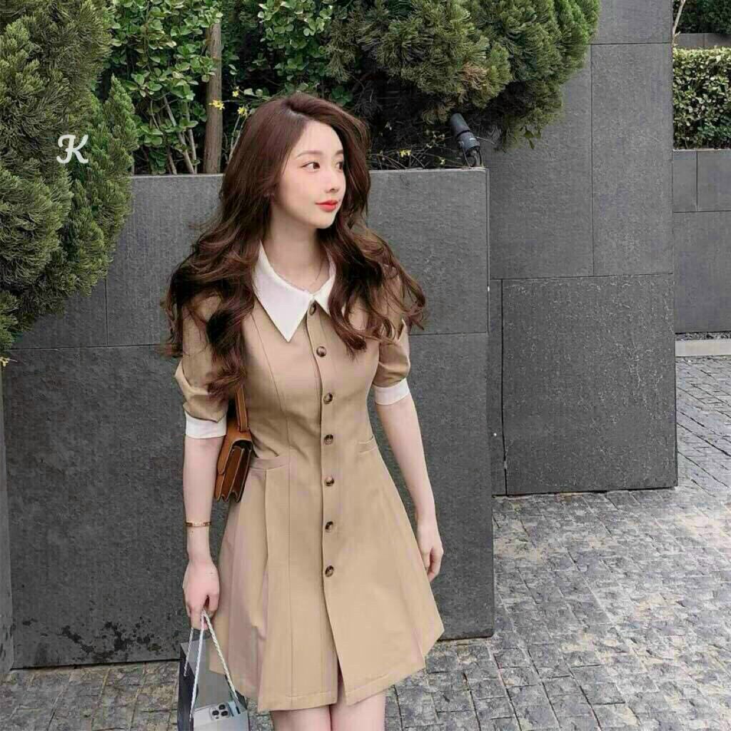 [11.11 Sale Freeship] Đầm thời trang nữ,đầm nữ công sở tay ngắn cài khuy cổ bẻ may túi hai bên dáng xoè thanh lịch mtb