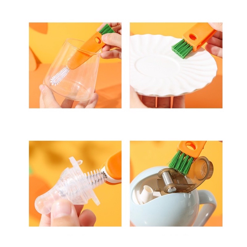 Cọ rửa nắp bình giữ nhiệt, bình sữa, nắp chai đa năng 3 trong 1 hình CÀ RỐT cute - Bàn chải mini vệ sinh nắp bình nước HSU
