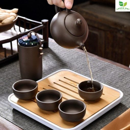 Bộ Ấm Chén Uống Trà Kèm Khay Có Túi Đựng Xách Tay Tiện Lợi Thiết Kế Sang Trọng Làm Quà Biếu Tặng