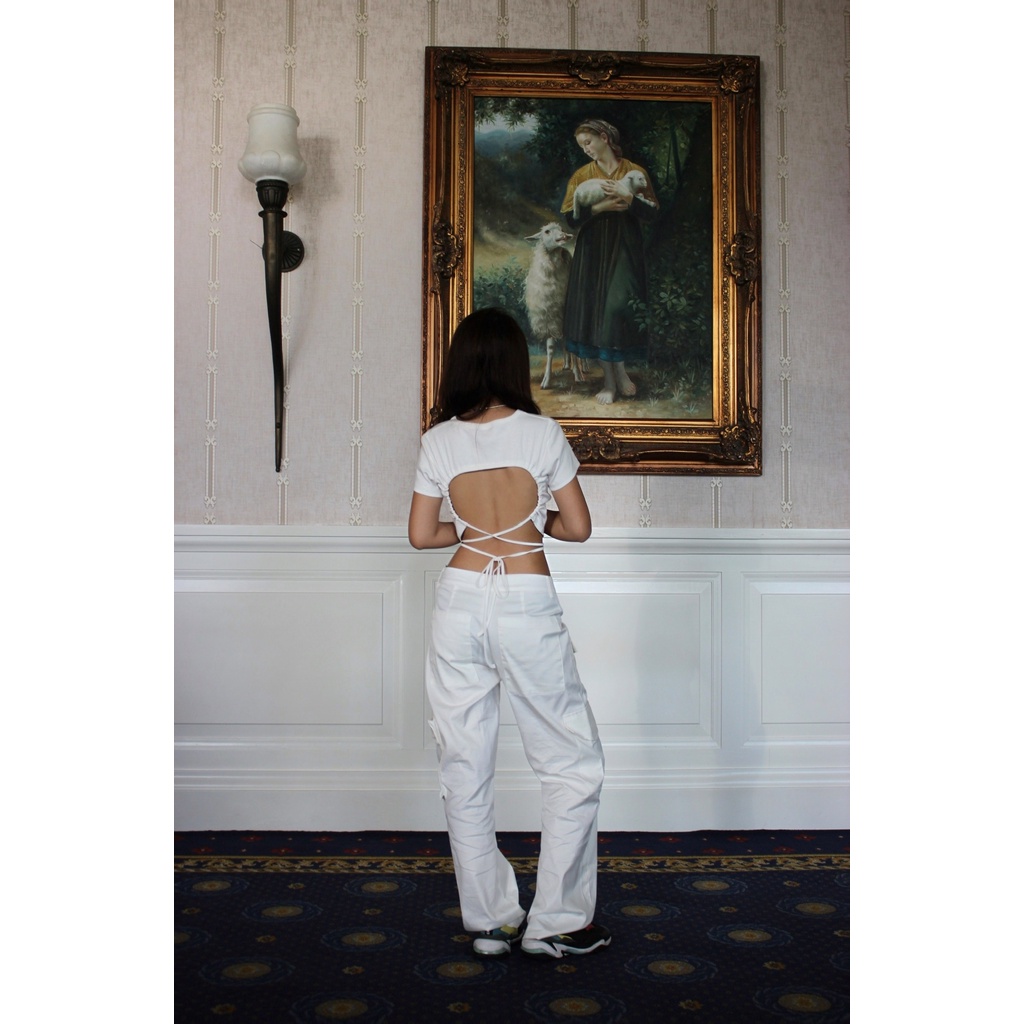 Good Letter H - Áo Thun Crop Top Khoét Lưng Cột Dây - Sandwich Croped Top