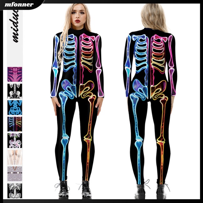 Bộ Áo Liền Quần Dài Tay In Hình Bộ Xương 3d Nhiều Màu Sắc Hóa Trang Halloween