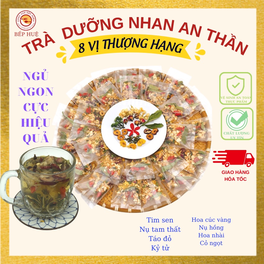 Trà an thần ngủ ngon giấc dưỡng nhan đẹp da 8 vị nụ tam thất tim tâm sen kỷ tử táo đỏ hoa cúc vàng nhài hồng cỏ ngọt