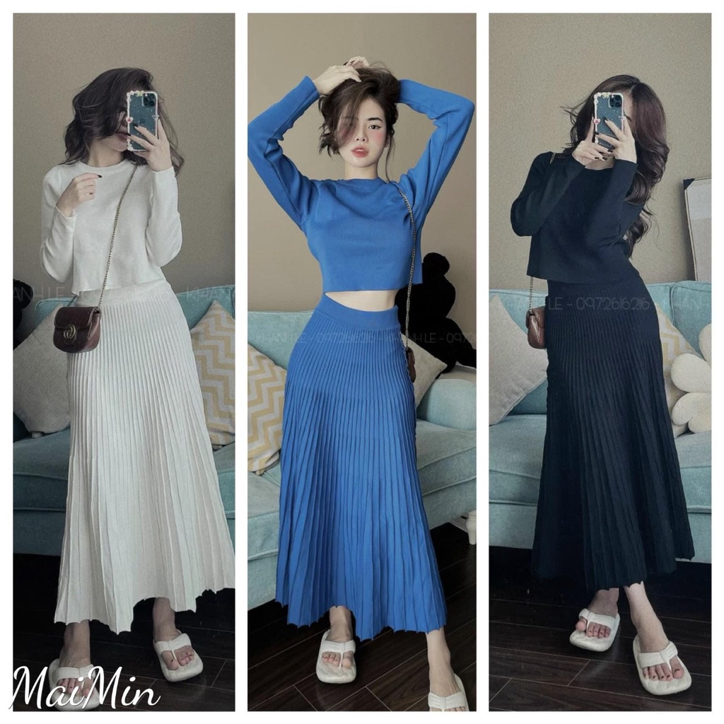 Áo len chân váy xếp ly khuy cực hot