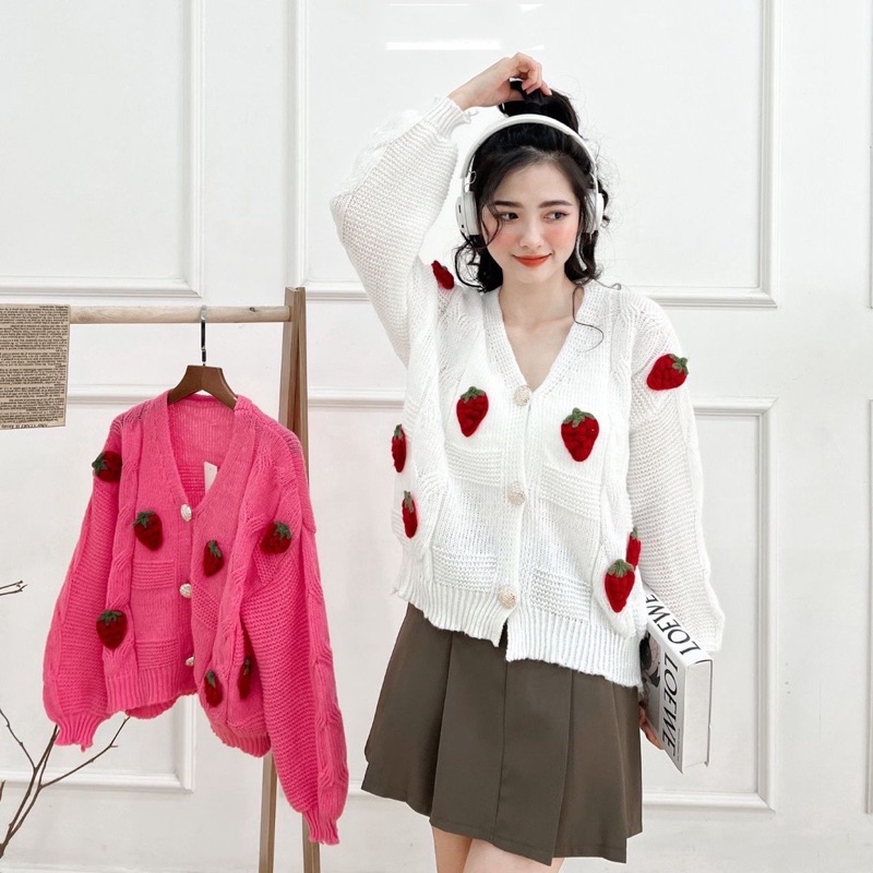 Áo khoác len cadigan dâu tây nổi siêu xinh