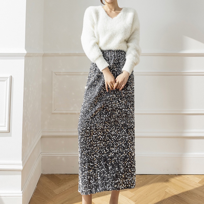 IELGY Chân Váy Nhung Dài Dáng Chữ a Lưng Thun Co Giãn Đính Kim Sa Lấp Lánh Thời Trang Cho Nữ