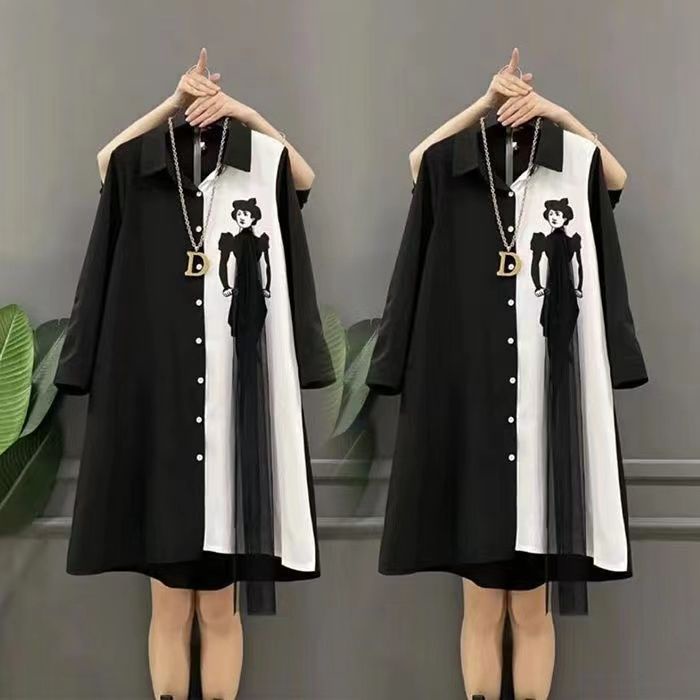 Áo Đầm Sơ Mi Phối Lưới Cỡ Lớn Phối Màu Tương Phản Thời Trang Hàn Quốc Mới 2022