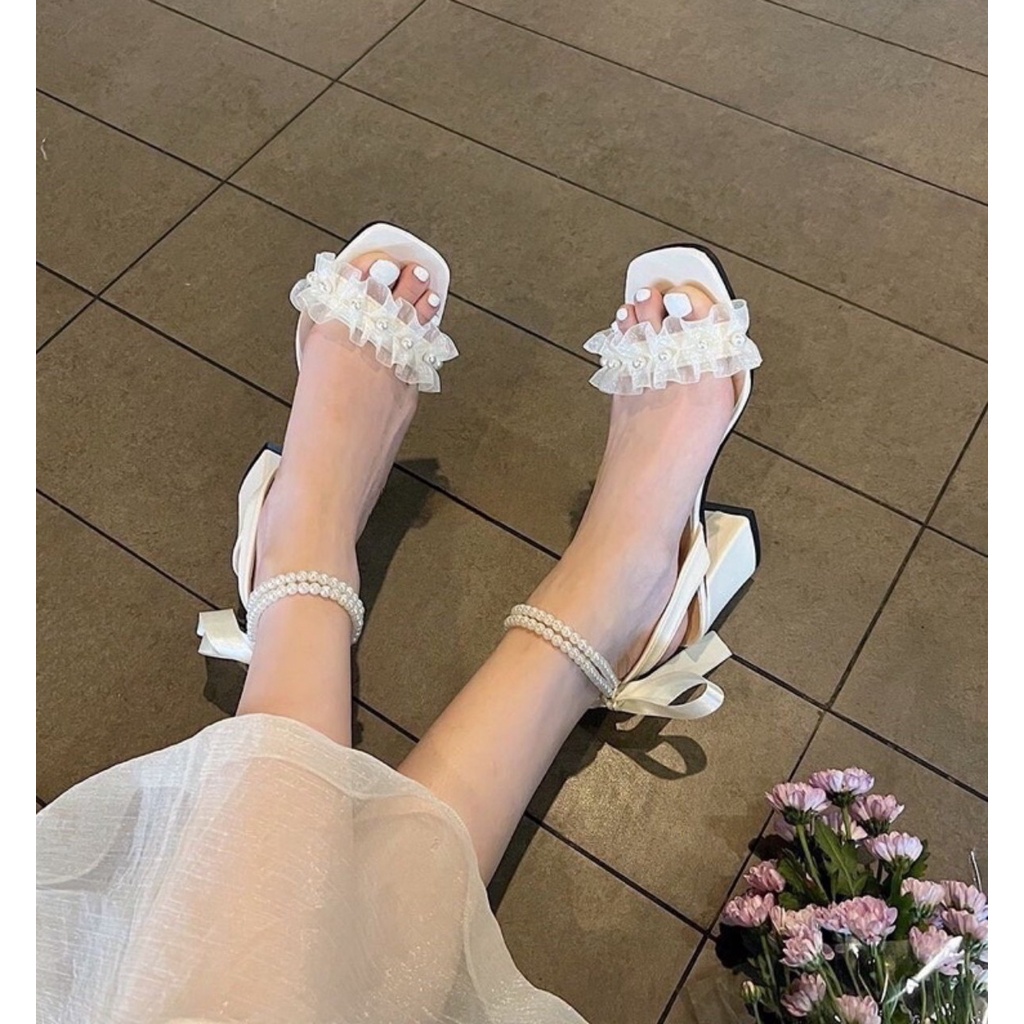 GIÀY NỮ QUAI NGANG GÓT VUÔNG 6CM - SANDAL NỮ QUAI HẬU ĐÍNH NGỌC CỘT NƠ S02