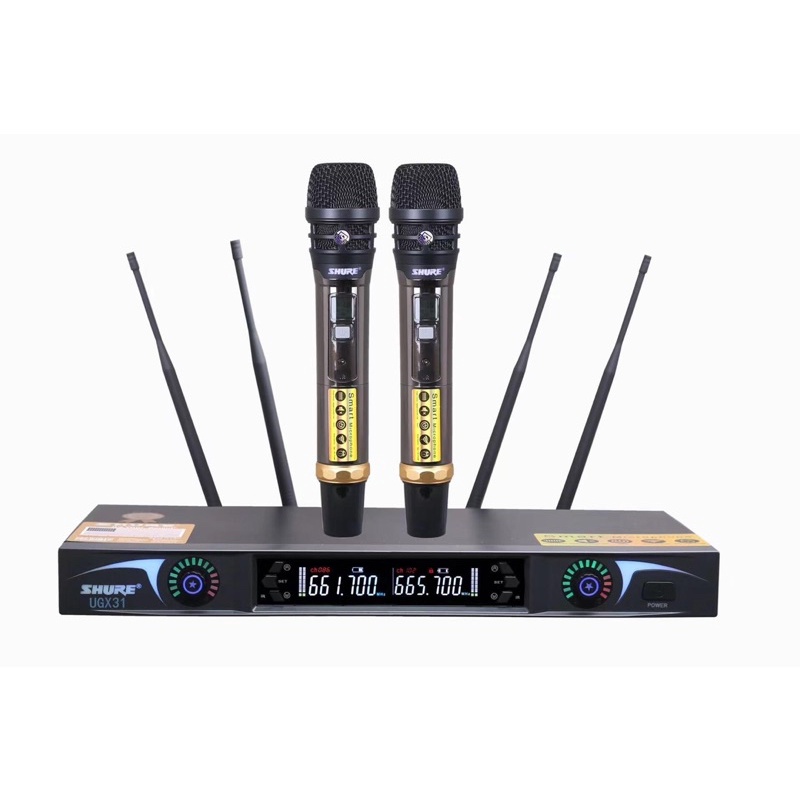 Micro SHURE UGX 31 - hàng loại 1, vỉ tím to, 4 hộp sóng, 4 anten thu sóng siêu khoẻ, hát nhẹ, chống hú tốt