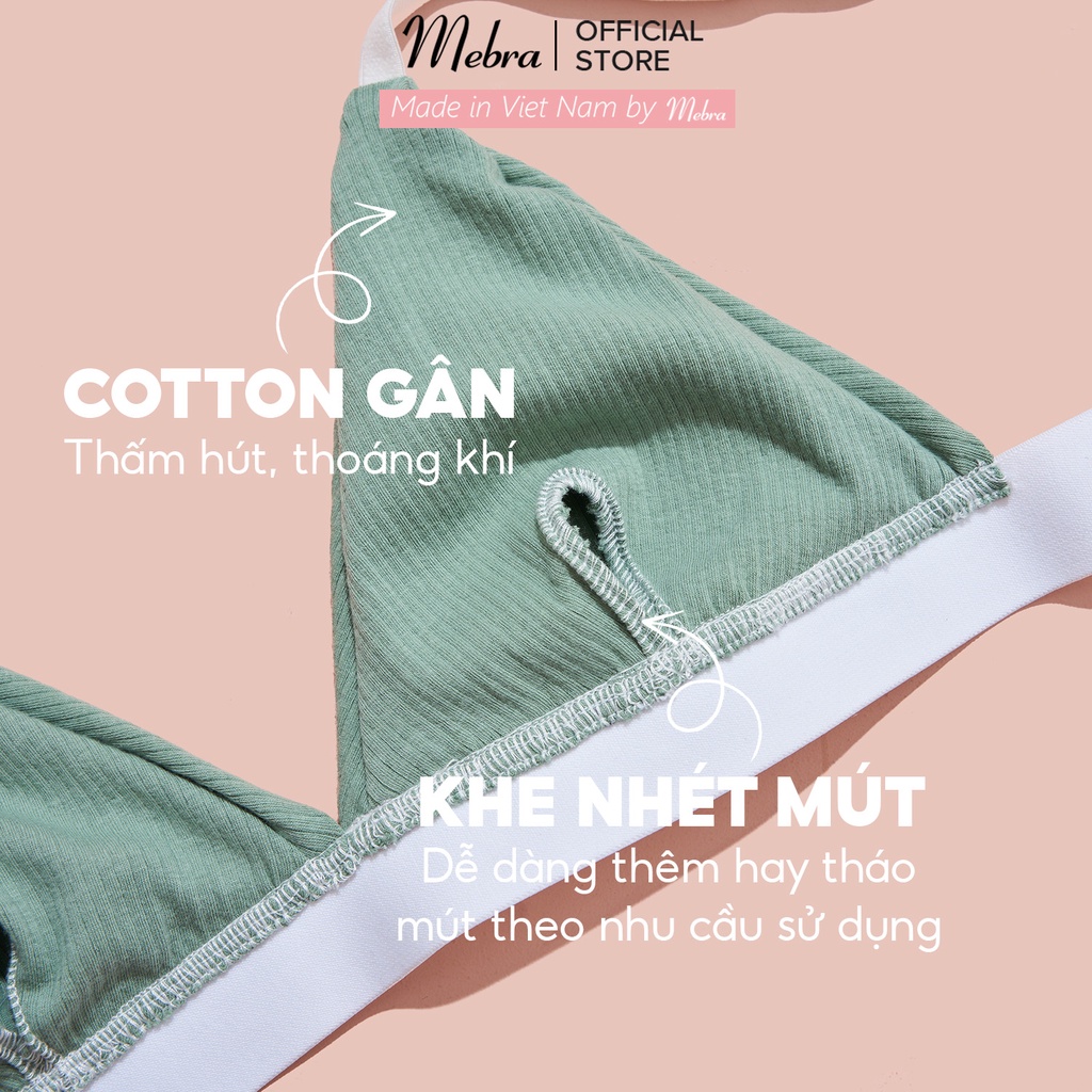 Áo lót nữ bralette cotton không lộ viền không gọng không đệm có tặng mút mỏng màu xanh đai trắng Mebra A051