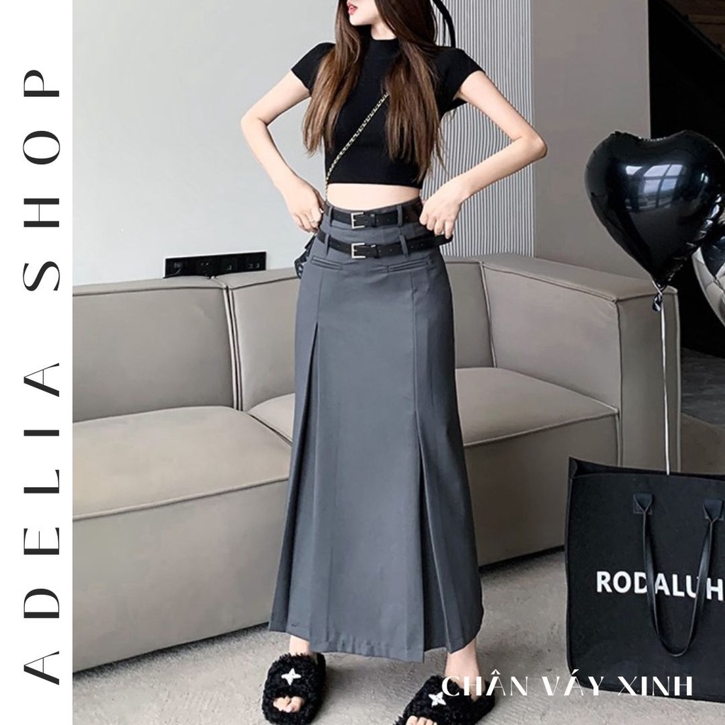 「ADELIA」Chân Váy Nữ CV2 Dáng Dài Cạp Cao Xếp Ly Kết Hợp 2 Dây Đai Cá Tính Phong Cách Hàn Quốc