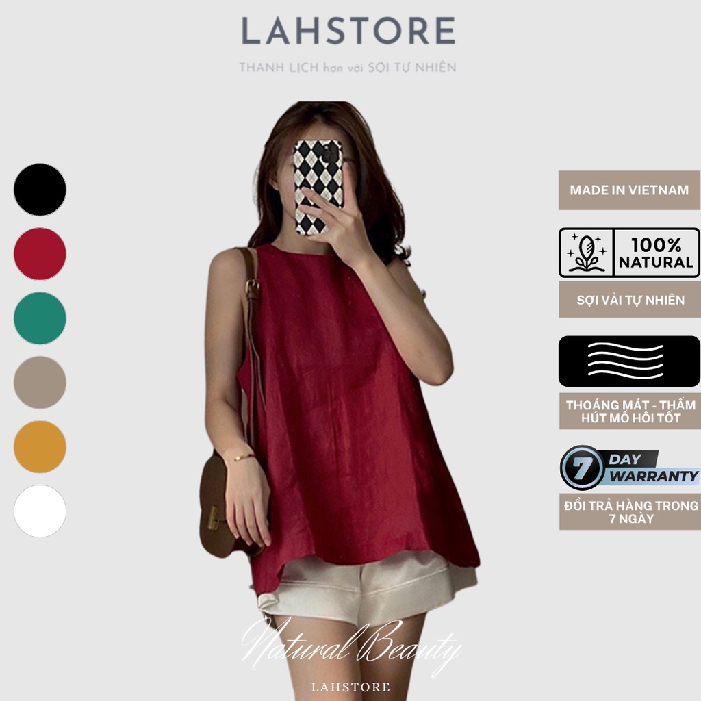 Set linen nữ 𝐋𝐀𝐇𝐒𝐓𝐎𝐑𝐄 áo sát nách dáng yếm xẻ sau & quần short ống rộng lưng thun (Đỏ)