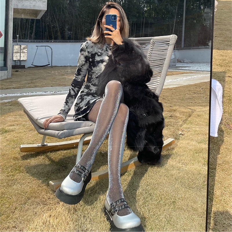 Quần Tất Lụa Mỏng Màu Đen Đính Ngọc Trai Bạc Lấp Lánh Quyến Rũ Phong Cách Mới Quyến Rũ Cho Nữ