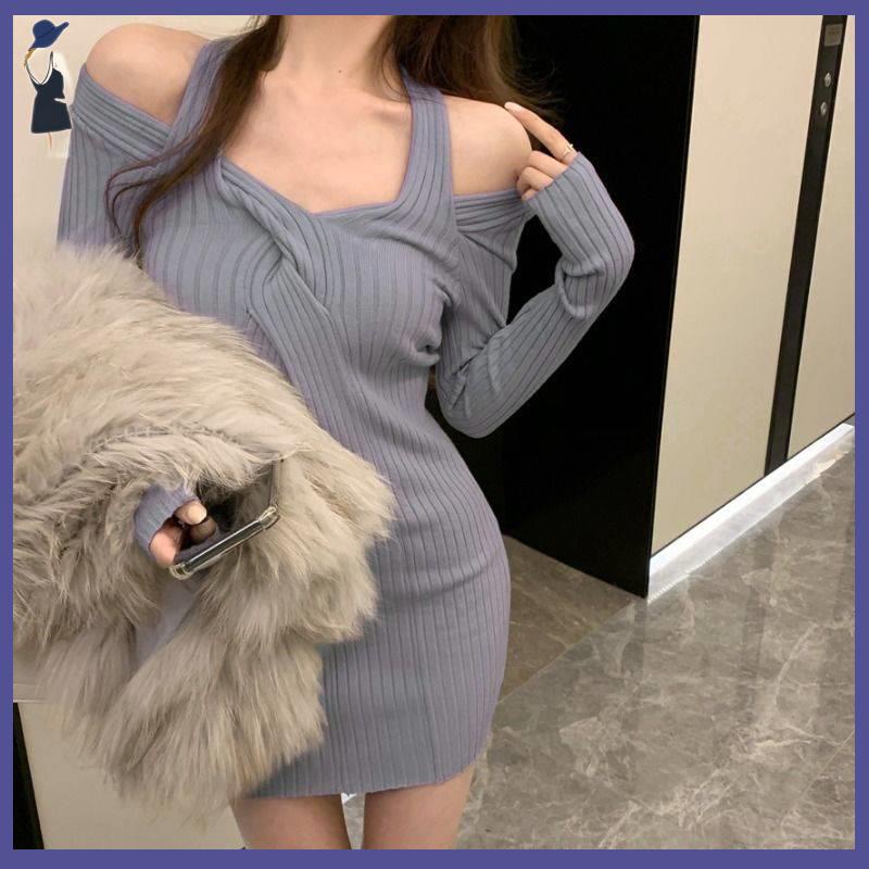 Váy body Đầm body Đầm Dệt Kim Tay Dài Hở Vai Màu Xám / Xanh Dương Thời Trang Mùa Thu Hàng Mới 2021 Dành Cho Bạn Nữ
