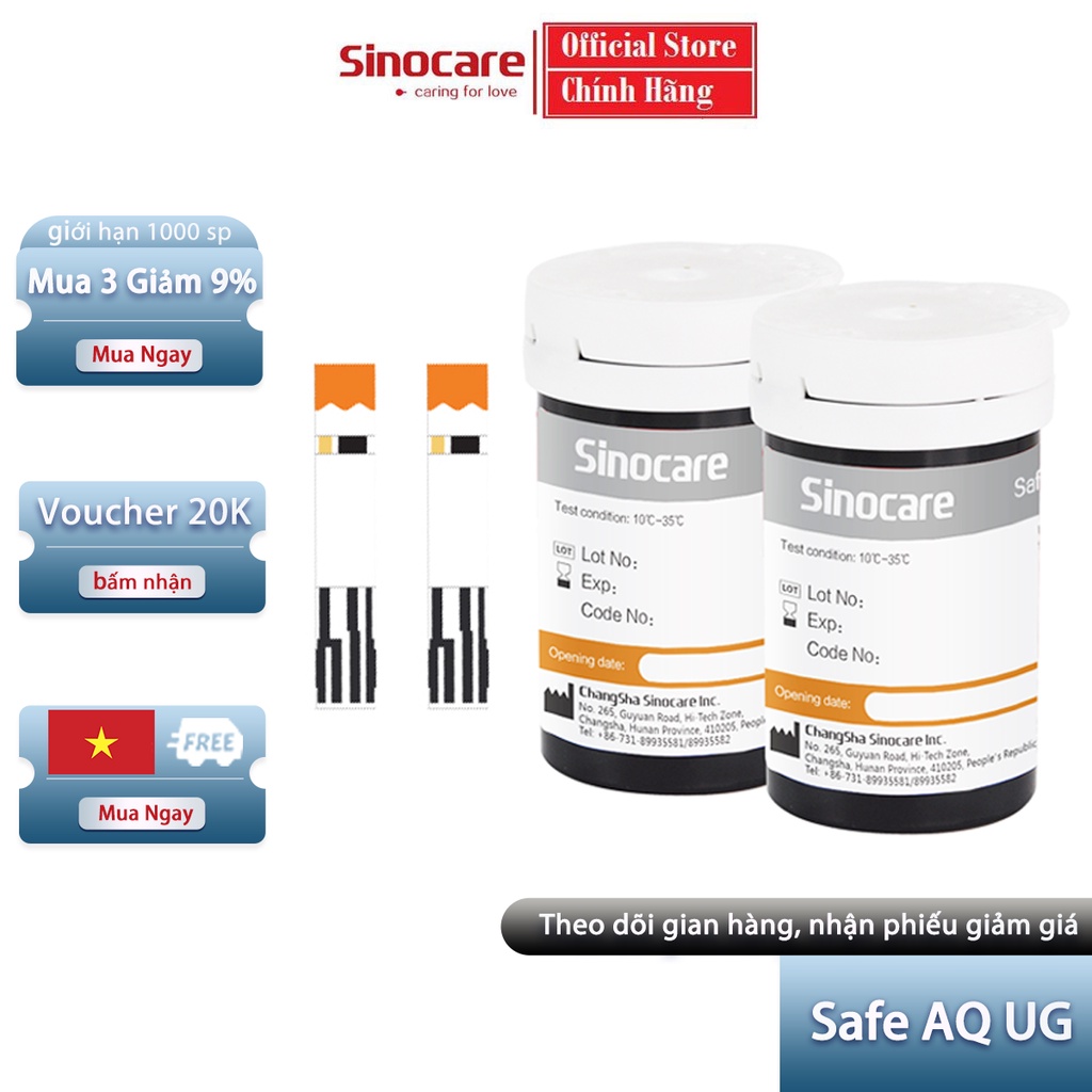 Mẫu mới 50 que thử Axit Uric cho máy Sinocare Safe AQ UG + Tặng 50 kim chích máu