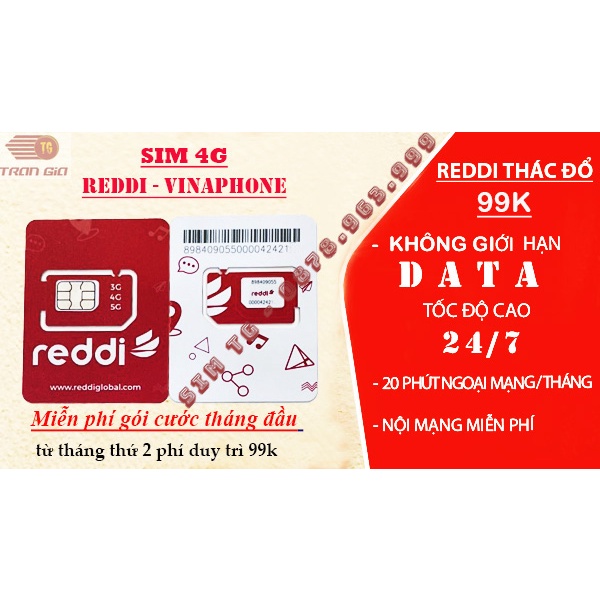 (Miễn phí 1 tháng)Sim 4G Reddi - Vinaphone Max 99k/tháng max băng thông không giới hạn tốc độ và lưu lượng.