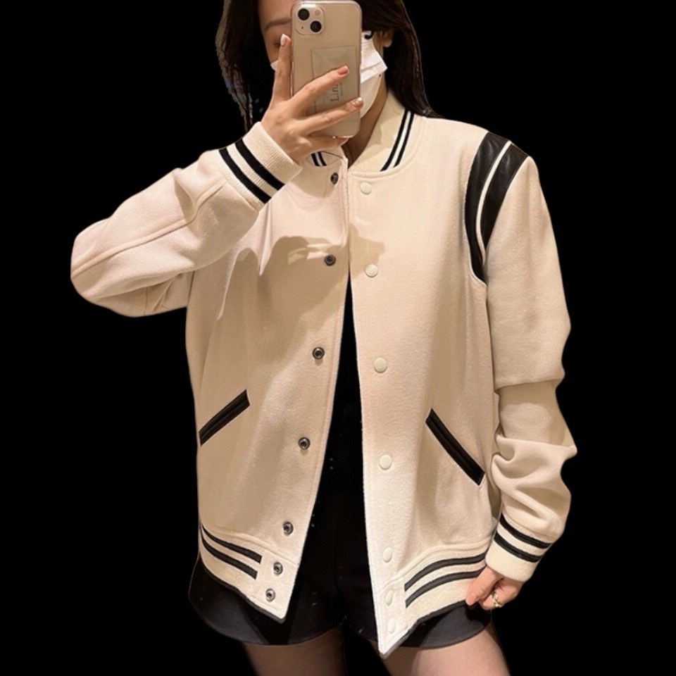 Áo Bomber Trắng Phối Viền Da Chất Liệu Dạ Kiểu Dáng Khoác Ngoài