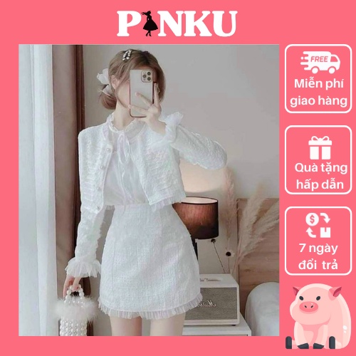 Set áo khoác dạ kèm chân váy viền ren Pinkuclothing