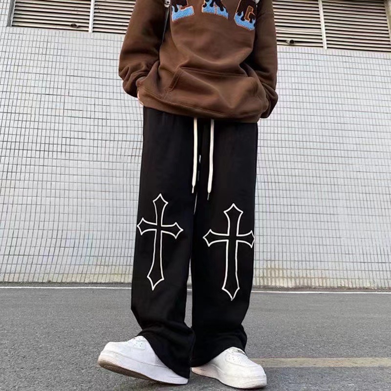 (Sẵn S M L XL 2XL) Quần nỉ suông ống rộng chữ thập đen trắng unisex nam nữ cá tính thể thao hiphop dance đường phố