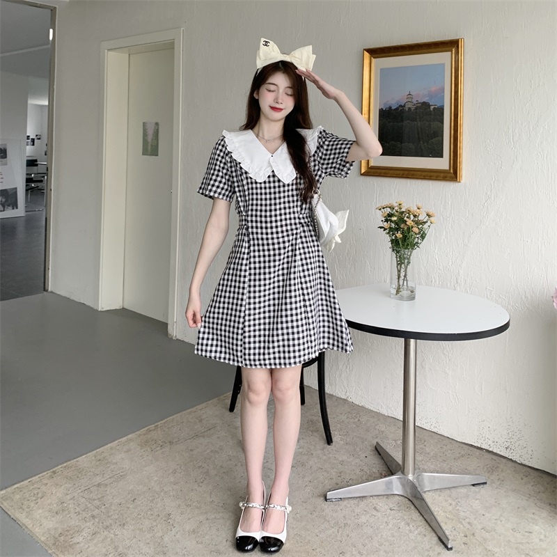 Đầm Nữ Tay Ngắn Cổ Búp Bê Họa Tiết Caro Đa Năng Phong Cách Hàn Quốc