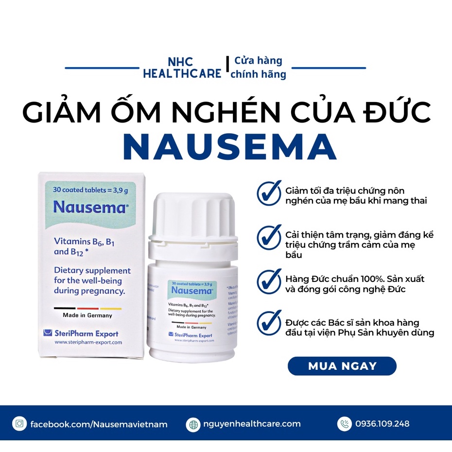 Nausema viên uống chống ốm nghén, tạo máu, giảm chóng mặt lo âu cho mẹ bầu - Hộp 30 viên