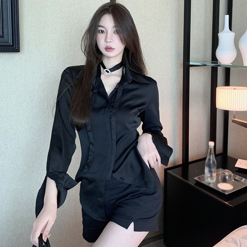 Áo Sơ Mi Nữ Tay Dài Màu Đen Nhuộm Phong Cách Hàn Quốc Gợi Cảm