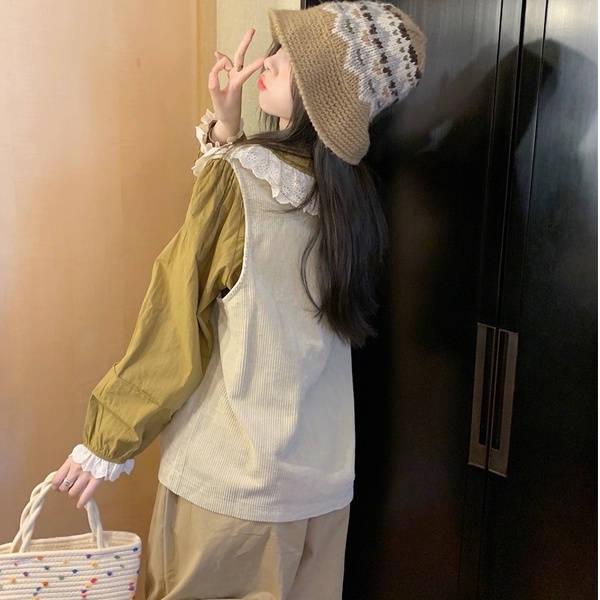 Áo khoác gile nhung nữ kiểu thêu hoa vintage, gile nữ phối sơ mi form rộng cổ ren nơ 7754