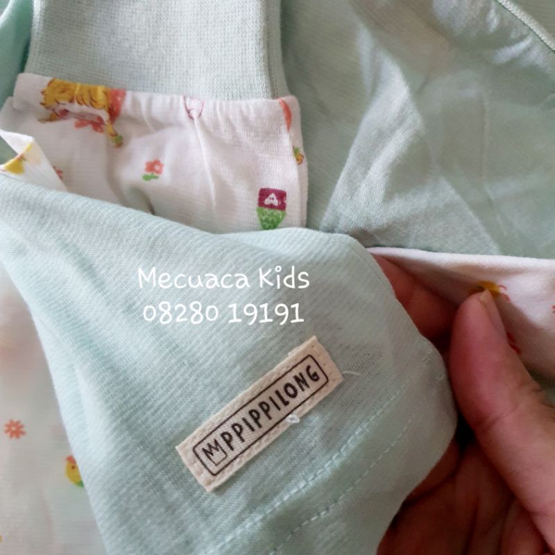 Bộ dài tay cotton giấy xuất Hàn dư xịn cho bé gái Ppippilong màu xanh cô bé